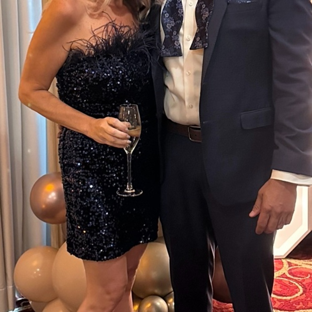 Navy Blue Sequins Feathers/Fur party dress cocktail dress